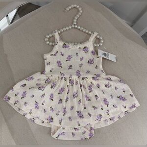 🤍 12~18 Mth Cotton Pointelle Knit Baby Dress Romper, Purple Blossoms & bow NWT